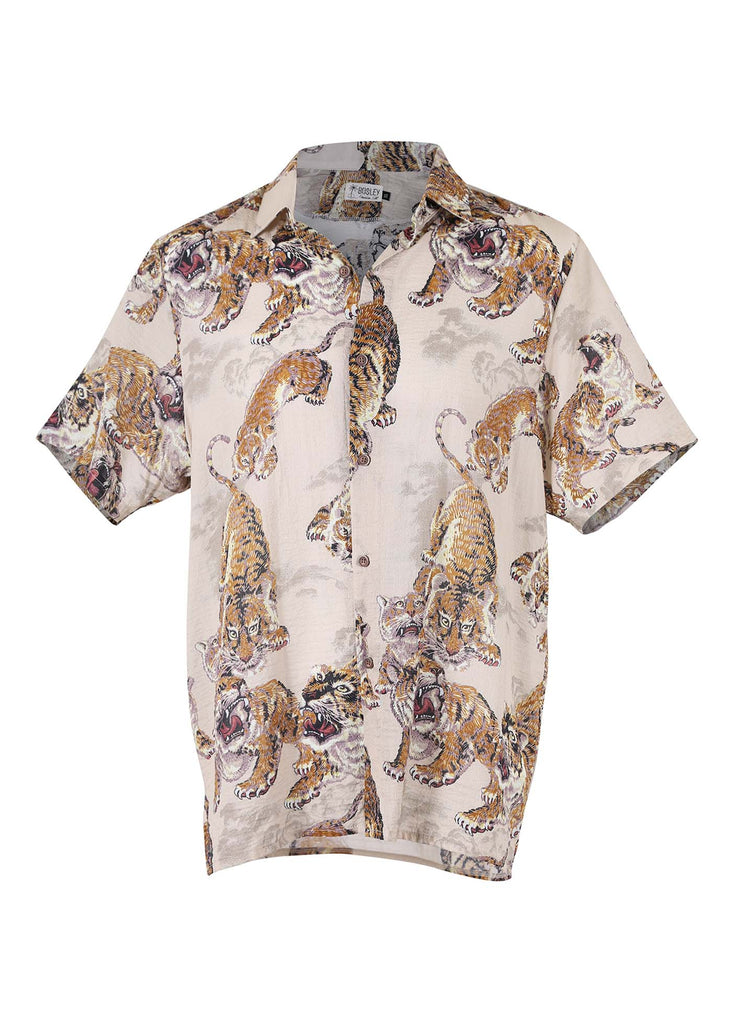 Olga de Polga Hawaiian shirt in Ecru 99 Tigers printed cotton seersucker. Front view