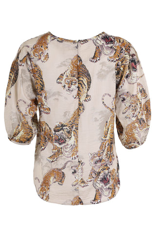 Olga de Polga classic blouse with a wide round neck and half sleeves. Featuring out Ecru 99 Tigers print. The top is in a cotton seersucker fabric. Back view