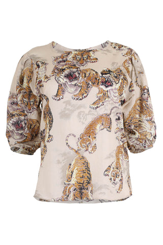 Olga de Polga classic blouse with a wide round neck and half sleeves. Featuring out Ecru 99 Tigers print. The top is in a cotton seersucker fabric. Front view.
