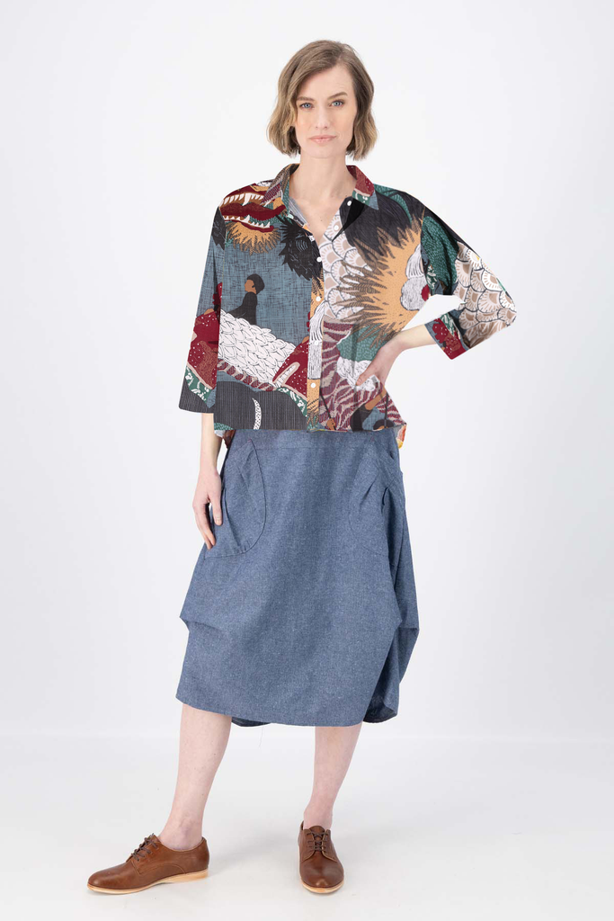 Olga de Polga women's cotton voile printed shirt in the best selling Festival Green print. Front view on model