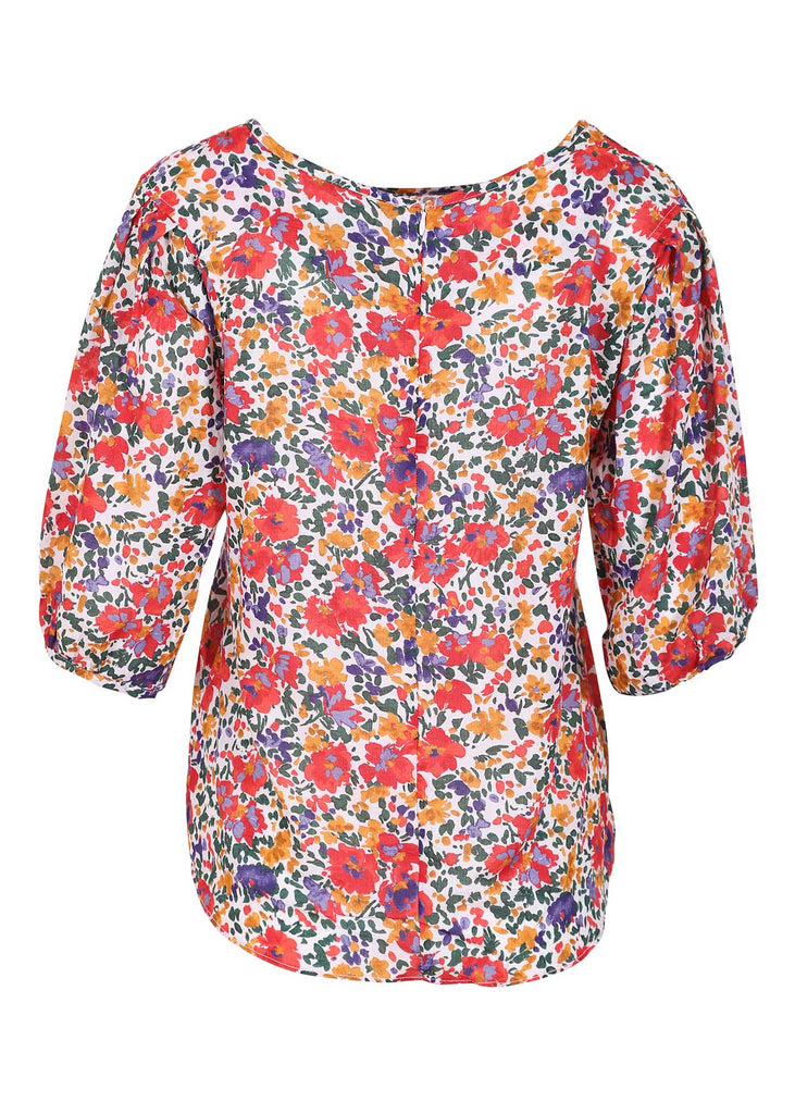 Olga de Polga Florence blouse in a floral red print. Cotton Seersucker fabric. Back view