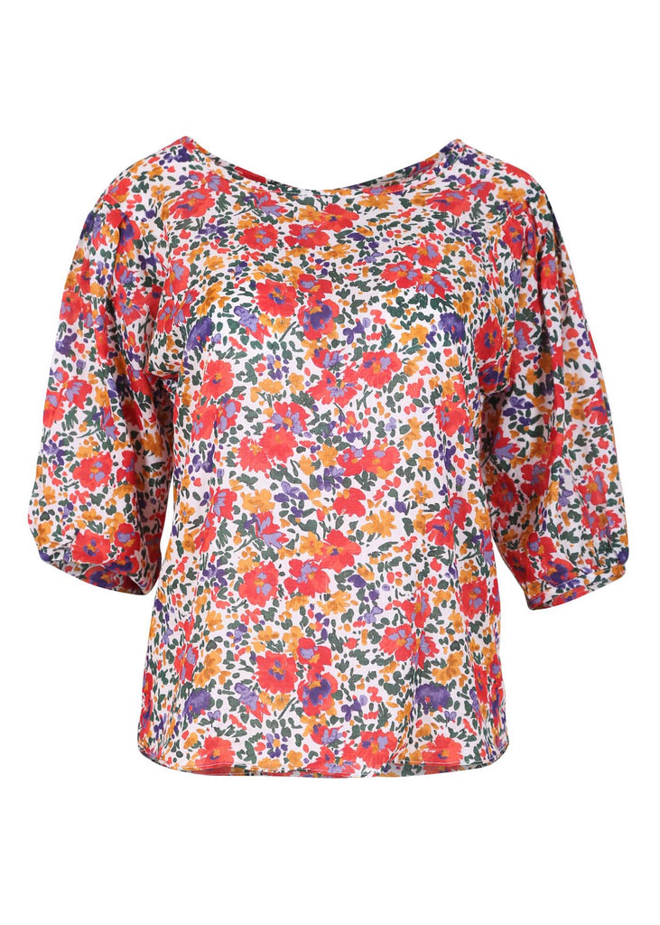 Olga de Polga Florence blouse in a floral red print. Cotton Seersucker fabric. Front view