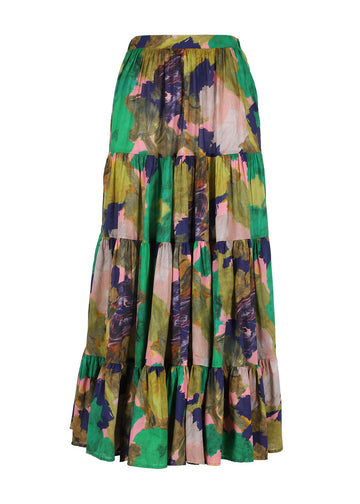 Olga de Polga tired LAX skirt in Forest Fiorella printed cotton voile. Front view