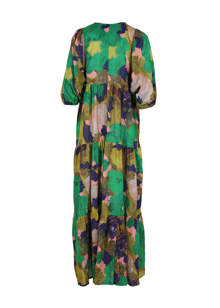 Olga de Polga Olivia maxi dress in Forest Fiorella printed cotton seersucker.  Back view