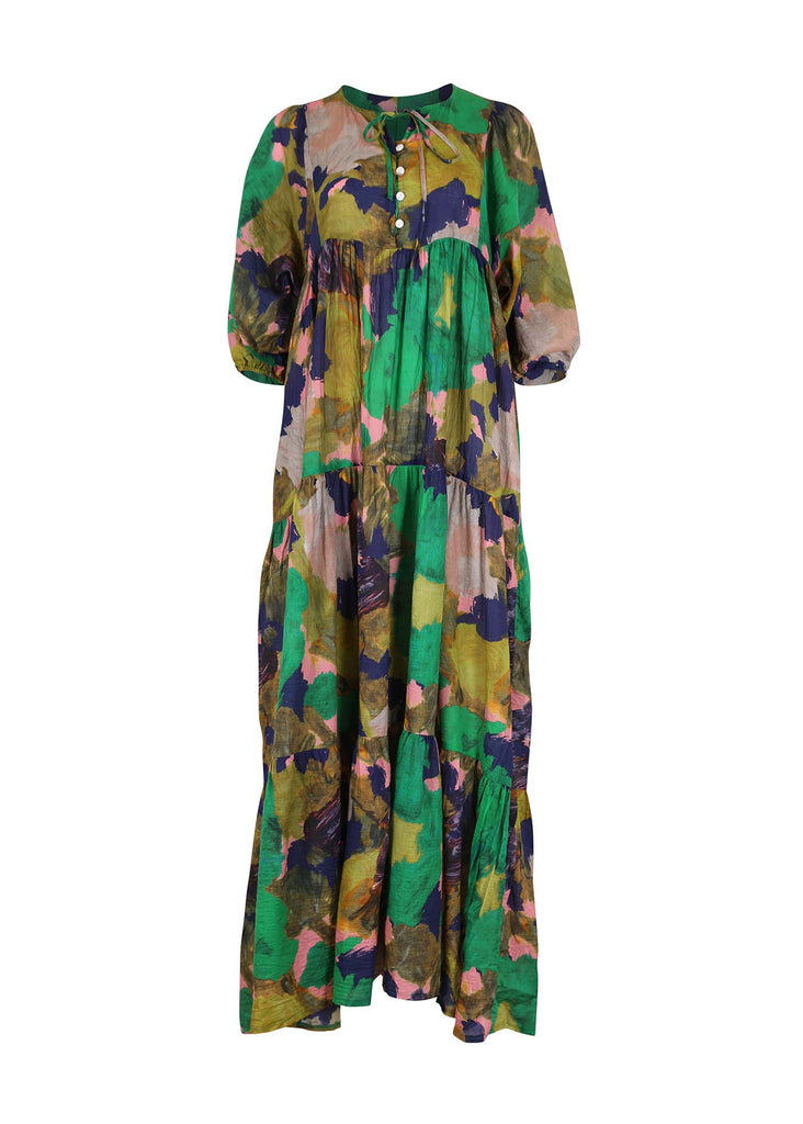 Olga de Polga Olivia maxi dress in Forest Fiorella printed cotton seersucker. Front view.