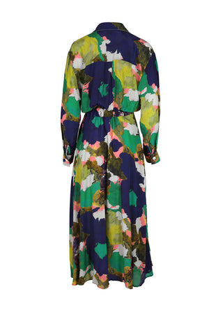Olga de Polga Parisian shirt dress in Forest Fiorella printed viscose crepe. Back view