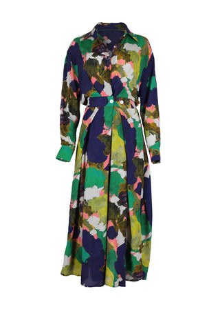 Olga de Polga Parisian shirt dress in Forest Fiorella printed viscose crepe. Front view.