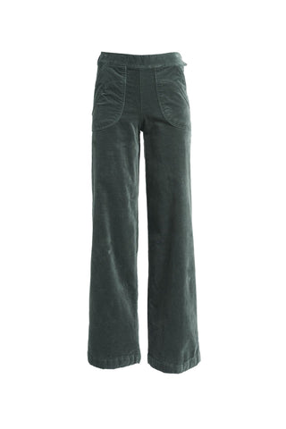 Olga de Polga best selling Forest Green Peggy Paris pants in soft velvet, long length. Comfy high waist, large pockets, side zip. Elastic back waist.  Front view