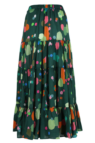 Olga de Polga Green Astra printed 100% cotton tiered LAX skirt. Maxi skirt in cotton voile with gathering at the top of each tier. Back view