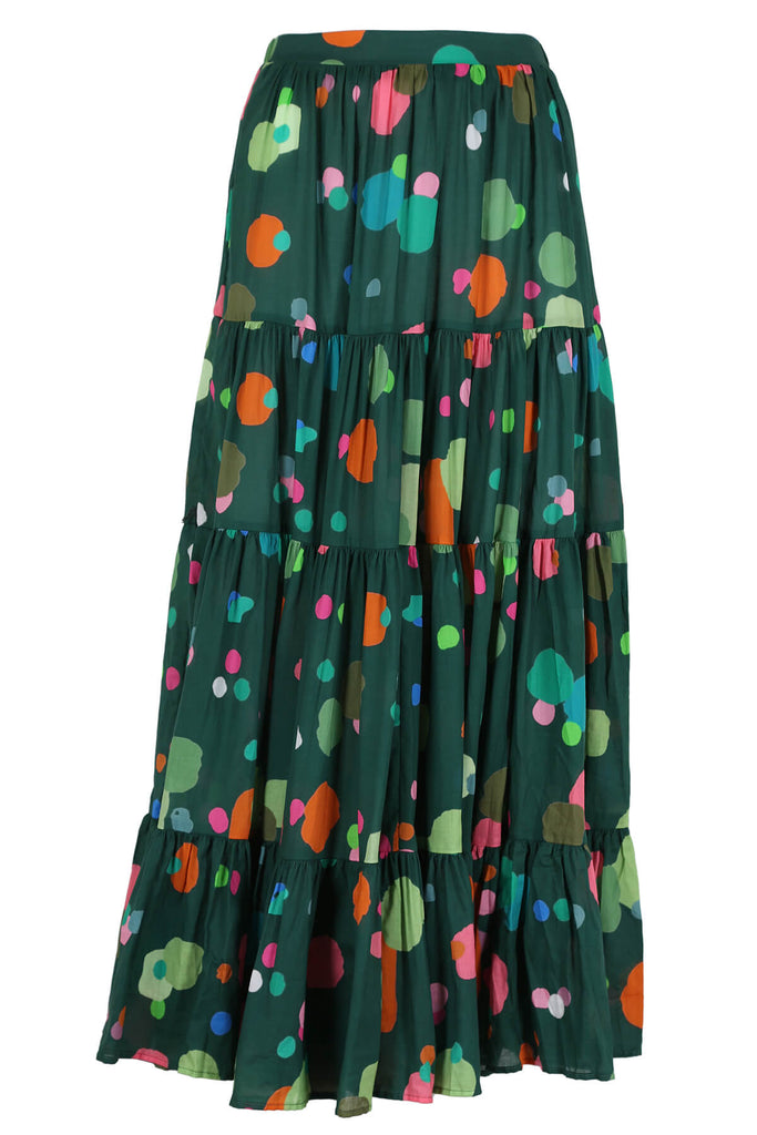 Olga de Polga Green Astra printed 100% cotton tiered LAX skirt. Maxi skirt in cotton voile with gathering at the top of each tier. Front view.
