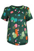 Olga classic Top in cotton seersucker fabric. In Green Astra printed seersucker. Short sleeves and a round neckline. Front view.