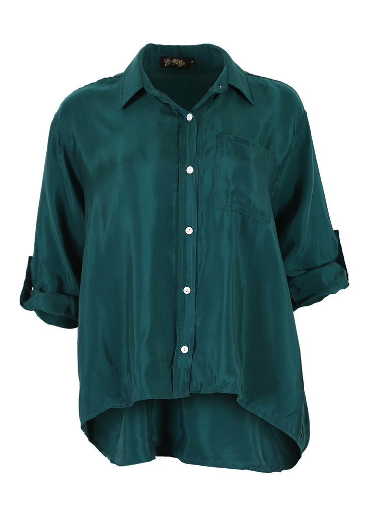 Olga de Polga shirt in Teal Green Bordeaux Cupro Twill. Shirt with front button opening and collar. front view