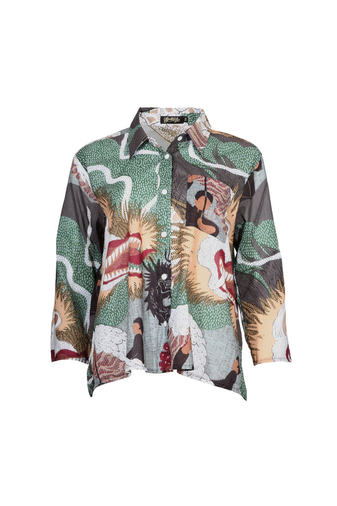 Olga de Polga women's cotton voile printed shirt in the best selling Festival Green print. Front view