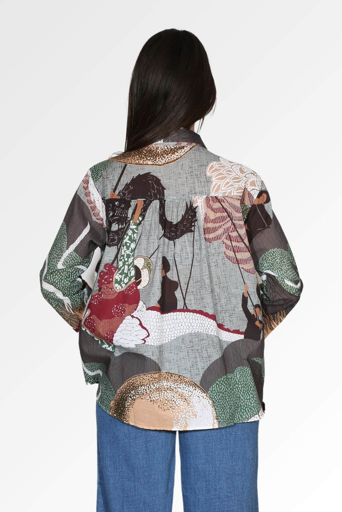 Olga de Polga women's cotton voile printed shirt in the best selling Festival Green print.  Back view on model