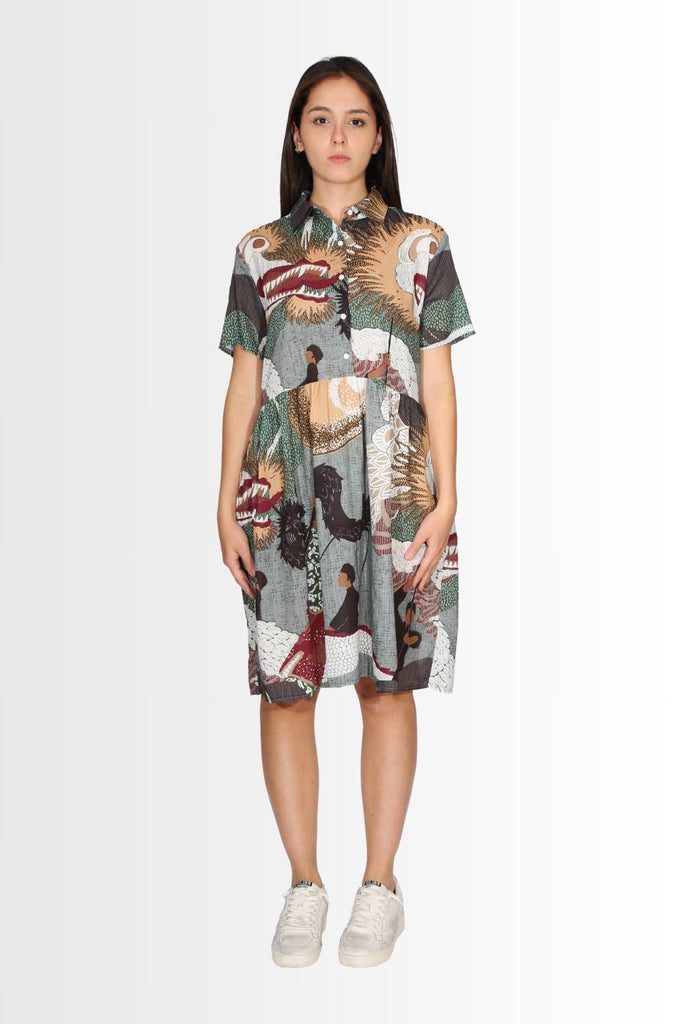 Olga de Polga Villa drop waist dress in the best selling Festival Green print. Front view on model