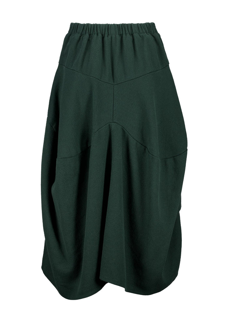 Olga de Polga Milwaukee Foundry Skirt in Bottle Green. 100% Cotton. Unique A-line panelled design. Elastic waistband at the back.  Back view