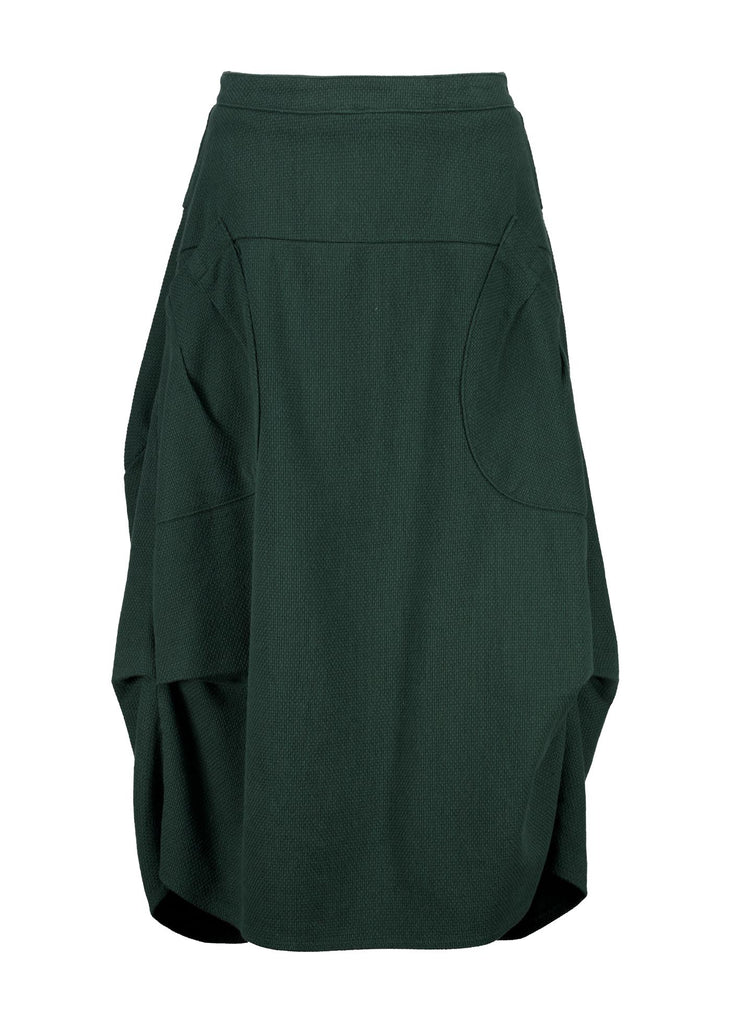 Olga de Polga Milwaukee Foundry Skirt in Bottle Green. 100% Cotton. Unique A-line panelled design. Elastic waistband at the back. Front view