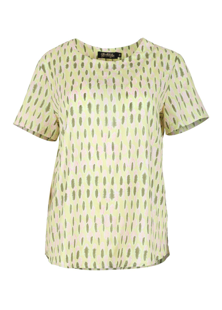 Olga de Polga Green Lime Ibiza printed Top. Short sleeves and a round neckline. This top finishes at the hip. Front view.