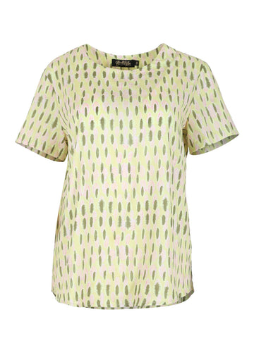 Olga de Polga Green Lime Ibiza printed Top. Short sleeves and a round neckline. This top finishes at the hip. Front view.