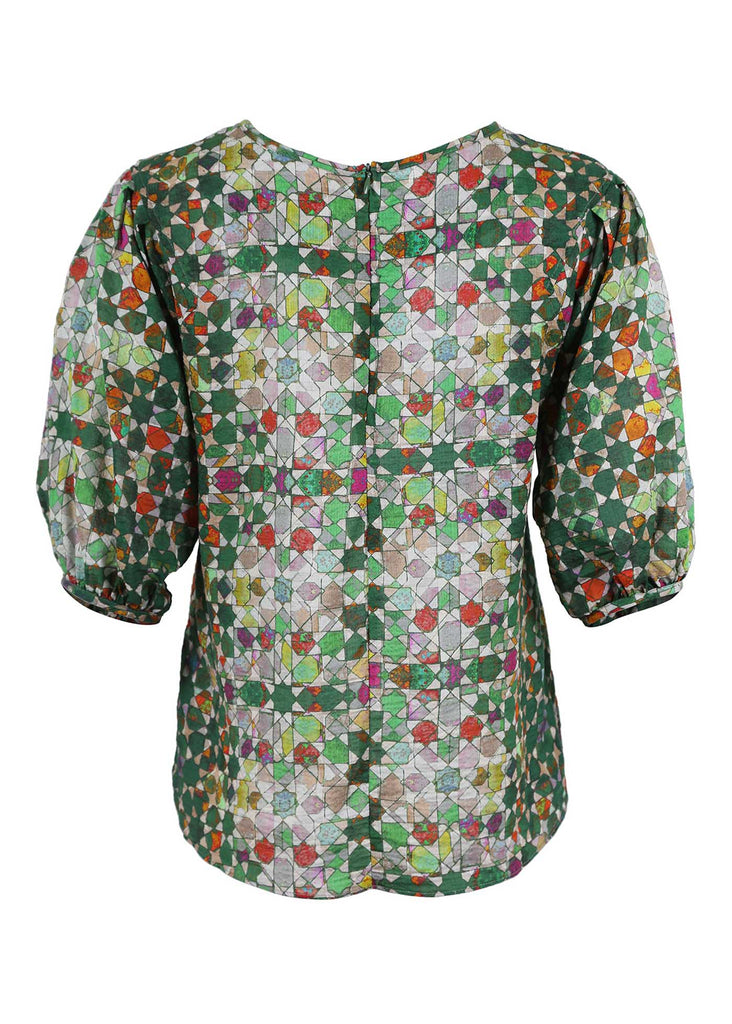 Olga de Polga Green Kaleidoscope blouse in cotton seersucker with a wide neck and half sleeves.