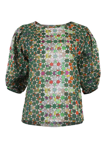 Olga de Polga Green Kaleidoscope blouse in cotton seersucker with a wide neck and half sleeves. Front view.