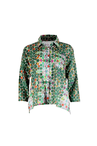 Olga de Polga Green Kaleidoscope cotton printed button-up shirt. Front view