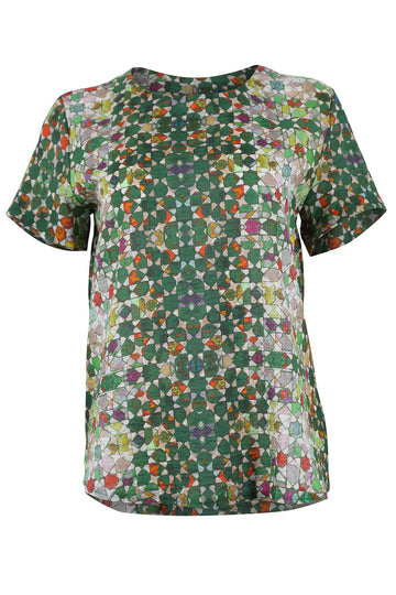 Olga de Polga top in Green Kaleidoscope seersucker. Front view.