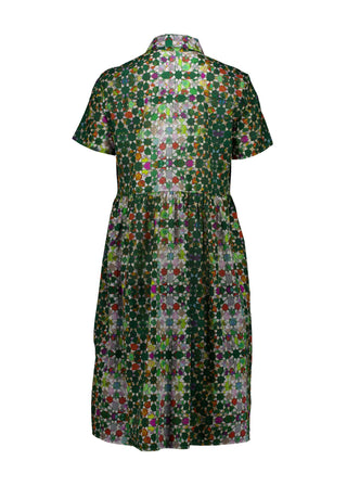 Olga de Polga Green Villa dress long in cotton Shirt dress with a button down front and short sleeves. Finishes just below the knee. Back view.