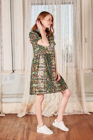 Kaleidoscope Villa Dress Green in Cotton Voile