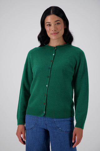 Green Olga de Polga Kyoto cardigan in a wool cashmere blend. With a round neckline and long sleeves, this cardigan has a button down front with small unique buttons. Front