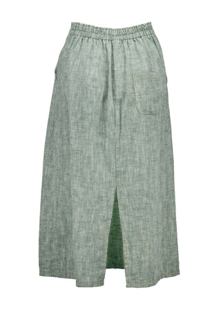 Olga de Polga Green Hepburn skirt in herringbone linen. A pencil skirt with a twist.  Featuring a unique button detail at the waist that forms a flattering pocket shape, this skirt adds personality to any outfit. With an elasticated back waist for comfort, it finishes just below the knee and has a stylish back split for ease of movement. Front view.