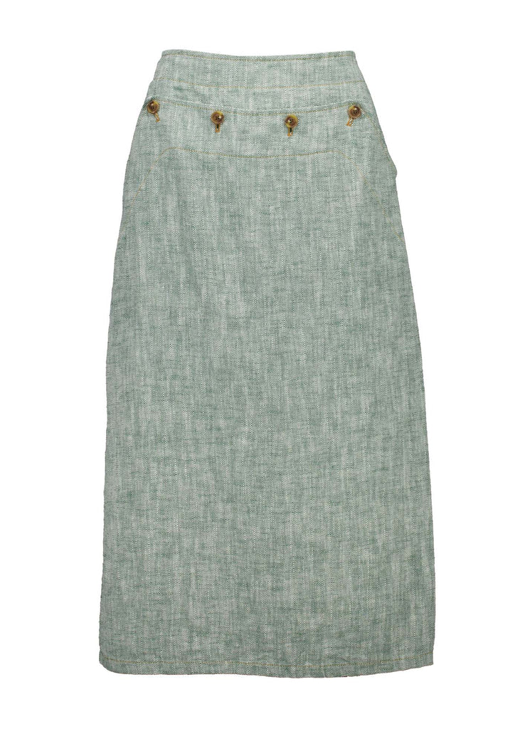 Olga de Polga Green Hepburn skirt in herringbone linen. A pencil skirt with a twist.  Featuring a unique button detail at the waist that forms a flattering pocket shape, this skirt adds personality to any outfit. With an elasticated back waist for comfort, it finishes just below the knee and has a stylish back split for ease of movement. Front view.