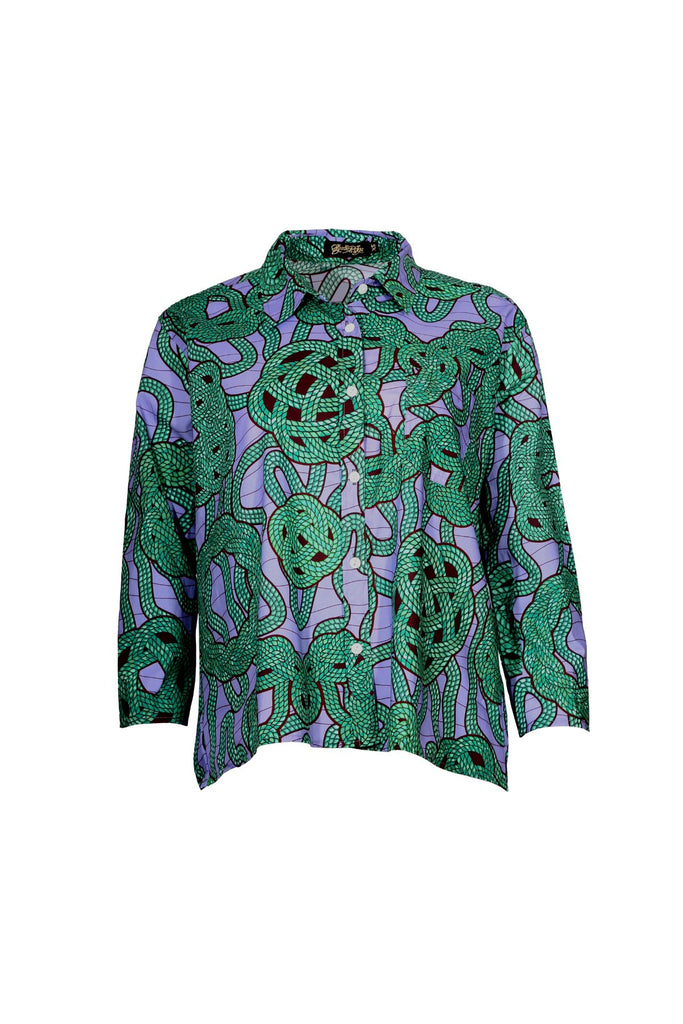 Olga de Polga green and lilac printed cotton women's shirt in a love knots pattern. Front view
