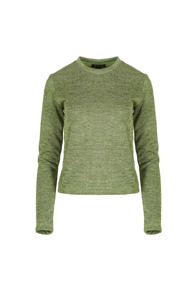 Olga de Polga Green lurex long sleeved top with a round neckline. Front view