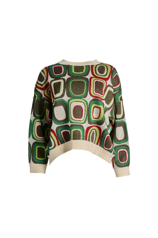 Olga de Polga retro patterned knit Bristol Lush green sweater in a soft merino wool blend. Long sleeves, and round neckline. Front view 
