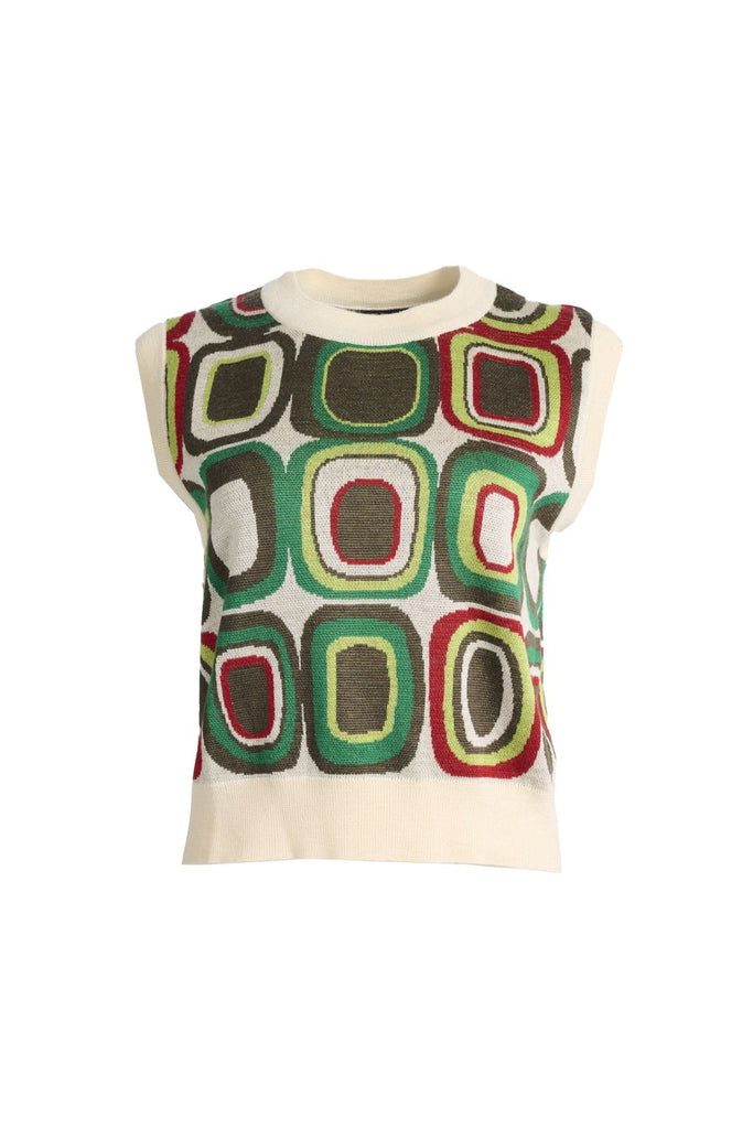 Olga de Polga Green knit vest with a retro pattern. Bristol Lush Knit Vest. Women's knitted vest in a soft merino wool blend.  Front view