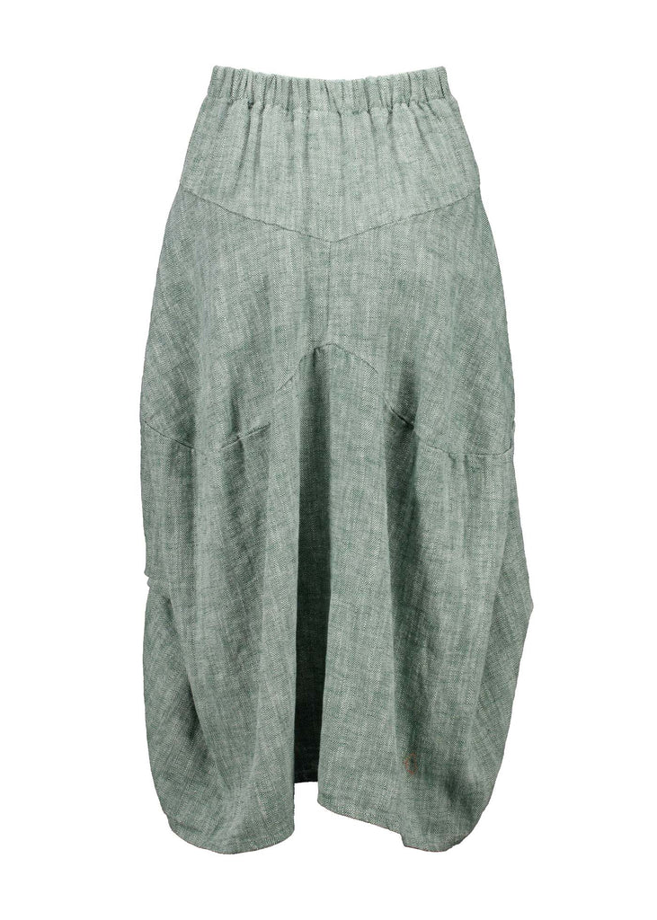 Olga de Polga Milwaukee Panorama woven skirt in Green. Our Milwaukee Skirt is an incredibly unique, chic and original skirt. It is universally flattering, highly versatile, and super comfortable. Perfect to throw on and go. Back view.