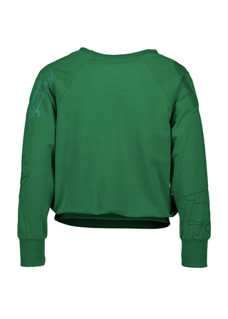 Olga de Polga Green Montage sweatshirt in a cotton tence blend. The sweatshirt has abstract embroidered motifs. Ribbing at the neckline, cuffs and hem add durability to the sweatshirt.  Back