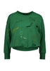 Olga de Polga Green Montage sweatshirt in a cotton tence blend. The sweatshirt has abstract embroidered motifs. Ribbing at the neckline, cuffs and hem add durability to the sweatshirt. Front