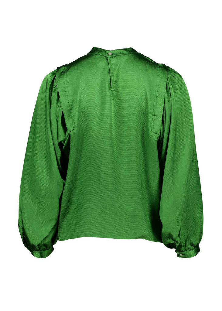 Olga de Polga Green Moonshine Blouse in satin. Billowing sleeves and a round neck make this the perfect blouse to dress up or down for any occasion. Back