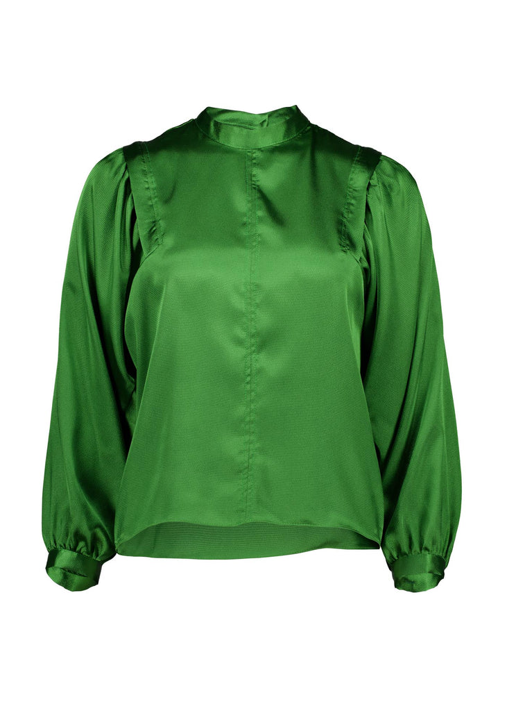 Olga de Polga Green Moonshine Blouse in satin. Billowing sleeves and a round neck make this the perfect blouse to dress up or down for any occasion. Front