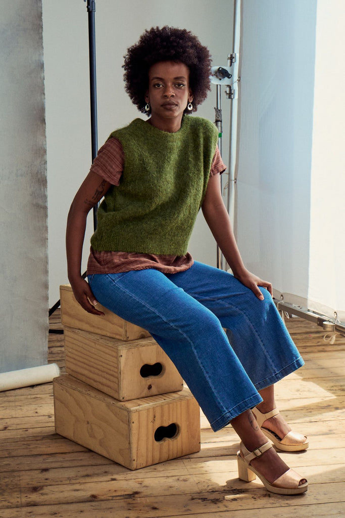 Olga de Polga Green moss alpaca knit vest front view on model