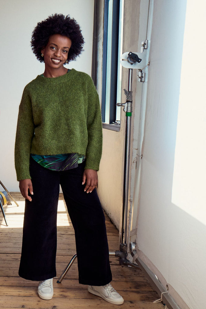 Olga de Polga green moss aspen alpaca knit sweater front view on model