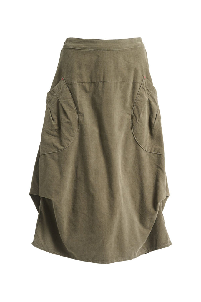 Olga de Polga green Olive Milwaukee Marlowe skirt in fine cotton cord. Front view