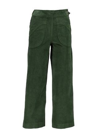Olga de Polga Olive Green Fine Cord Peggy Pants. Cropped ankle length and large patch pockets, wit a side zip fastening. Our best selling pants.  Front