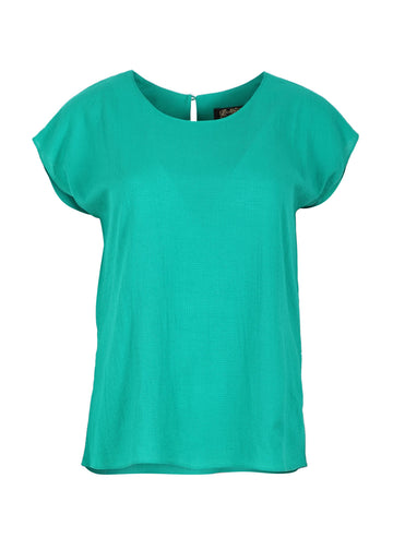 Olga de Polga classic tee in Pacific Parakeet Green cotton seersucker. With a round neckline and cap sleeves. This tee finishes at the hip. Back beck button fastening. Front View
