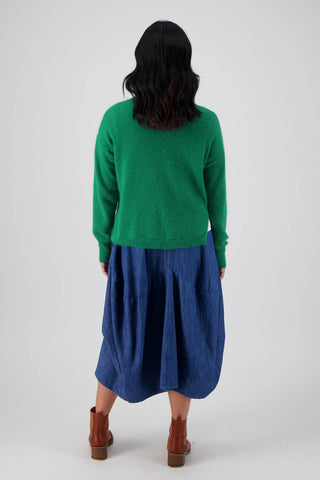 Olga de Polga's Portland sweater in Emerald green is made from a soft angora/wool mix.With a round neckline and a slightly cropped length, with long sleeves.  Full back view