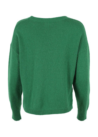 Olga de Polga's Portland sweater in Emerald green is made from a soft angora/wool mix.With a round neckline and a slightly cropped length, with long sleeves.  Back view