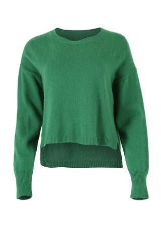 Olga de Polga's Portland sweater in Emerald green is made from a soft angora/wool mix.With a round neckline and a slightly cropped length, with long sleeves.  Front clear image