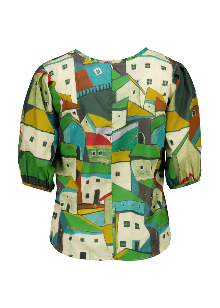 Olga de Polga Green Pueblito cotton voile blouse with a boat neckline and half sleeves. Back view.